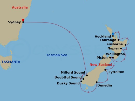 12 Night - Tasman Passage - Seven Seas Explorer - Starting in Auckland, Rotorua (Tauranga), Gisborne, Napier, Wellington, Picton, Christchurch (Lyttelton), Dunedin, Cruising the Fjords of Dusky Sound, Cruising the Fjords of Doubtful Sound, Cruising the Fjords of Milford Sound, Cruising the Tasman Sea, Sydney AU itinerary map