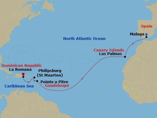 12 Night - Caribbean from Malaga to La Romana - Costa Fascinosa - Starting in Malaga, Las Palmas (Gran Canaria), Pointe-a-Pitre, Philipsburg, La Romana itinerary map