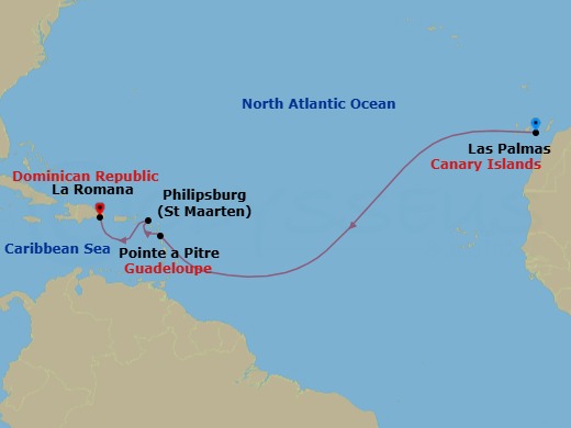10 Night - Transatlantic from Las Palmas (Gran Canaria) - Costa Fascinosa - Starting in Las Palmas (Gran Canaria), Pointe-a-Pitre, Philipsburg, La Romana itinerary map