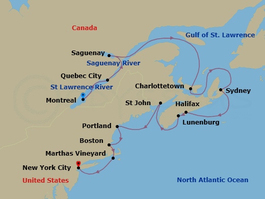 12 Night - Canada & New England Cruise : Quebec, Lunenburg & Martha's Vineyard - Azamara Journey - Starting in Montreal, Quebec, Quebec City, Quebec, Saguenay, Quebec, Scenic Cruising Saguenay Fjord, Charlottetown, Prince Edward Island, Sydney NS, Nova Scotia, Halifax, Nova Scotia, Lunenburg, Nova Scotia, Saint John NB, New Brunswick, Portland ME, Boston, Massachusetts, Cape Cod Canal Cruising, Marthas Vineyard, Massachusetts, New York City, New York itinerary map