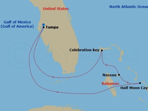 6 Night - Bahamas - Carnival Paradise - Starting in Tampa, Fl, Celebration Key, the Bahamas, Nassau, Bahamas, Relaxaway, Half Moon Cay, Tampa, Fl itinerary map