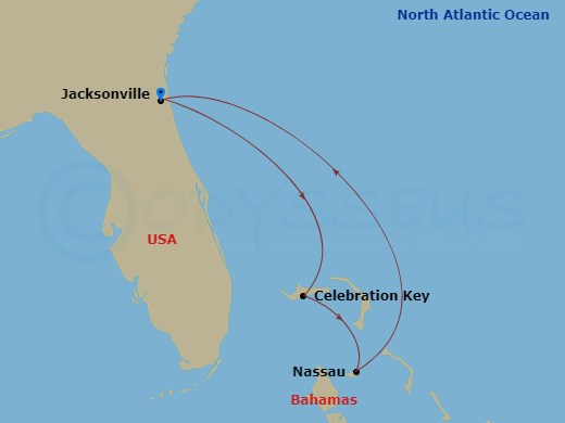 5 Night - Bahamas - Carnival Elation - Starting in Jacksonville, FL, Nassau, Bahamas, Celebration Key, the Bahamas, Jacksonville, FL itinerary map