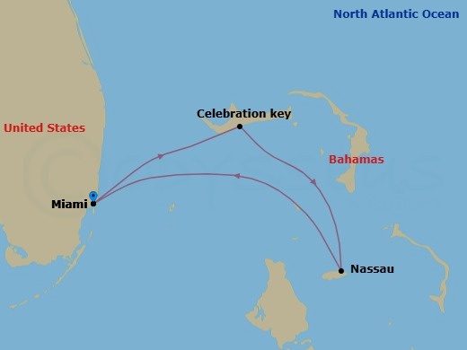 4 Night - Bahamas - Carnival Conquest - Starting in Miami, Fl, Celebration Key, the Bahamas, Nassau, Bahamas, Miami, Fl itinerary map