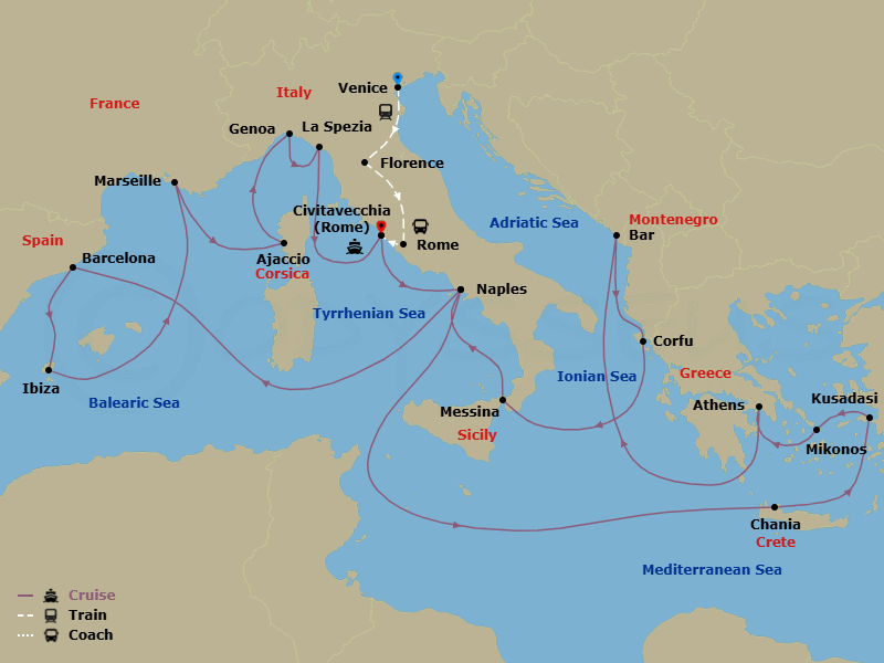 27 Night - Classic Italy - Tour 4C - Sun Princess Tours - Starting in Venice, Italy, Florence, Italy, Rome, Italy, Civitavecchia (for Rome), Italy, Naples, Italy (for Capri and Pompeii), Crete (Chania), Greece, Kusadasi, Turkey (for Ephesus), Mykonos, Greece, Athens (Piraeus), Greece, Montenegro, Corfu, Greece, Sicily (Messina), Italy, Naples, Italy (for Capri and Pompeii), Barcelona, Spain, Ibiza, Spain, Marseille (Provence), France, Corsica (Ajaccio), France, Genoa (for Cinque Terre), Italy, La Spezia (for Florence / Pisa), Italy, Civitavecchia (for Rome), Italy itinerary map