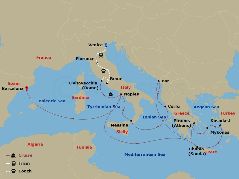 20 Night - Classic Italy - Tour 4B - Sun Princess Tours - Starting in Venice, Italy, Florence, Italy, Rome, Italy, Civitavecchia (for Rome), Italy, Naples, Italy (for Capri and Pompeii), Crete (Chania), Greece, Kusadasi, Turkey (for Ephesus), Mykonos, Greece, Athens (Piraeus), Greece, Montenegro, Corfu, Greece, Sicily (Messina), Italy, Naples, Italy (for Capri and Pompeii), Barcelona, Spain itinerary map
