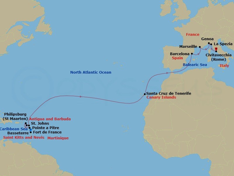 18 Night - Msc Grand Voyages - MSC World Europa - Starting in Fort-de-France, Martinique, Pointe-A-Pitre, Guadeloupe, Philipsburg, St Maarten, Basseterre, St Kitts and Nevis, St Johns AG, Antigua, Santa Cruz de Tenerife, Barcelona, Spain, Marseille (Provence), France, Genoa (Portofino), Italy, La Spezia (Cinque Terre), Italy, Civitavecchia (Rome), Italy itinerary map
