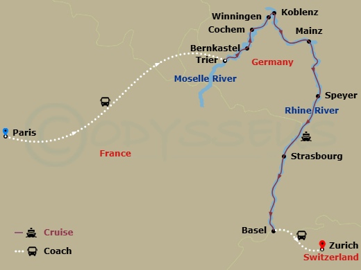 11 Night - Paris to the Swiss Alps - Viking Hervor Tours - Starting in Paris, Trier, Bernkastel, Cochem, Winningen, Koblenz, Middle Rhine Scenic Sailing, Mainz, Speyer, Strasbourg, Basel, Zurich itinerary map