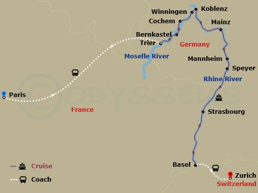 11 Night - Christmas on the Rhine & Moselle - Viking Gersemi Tours - Starting in Paris, Trier, Bernkastel, Cochem, Winningen, Koblenz, Middle Rhine Scenic Sailing, Mainz, Mannheim, Speyer, Strasbourg, Basel, Zurich itinerary map