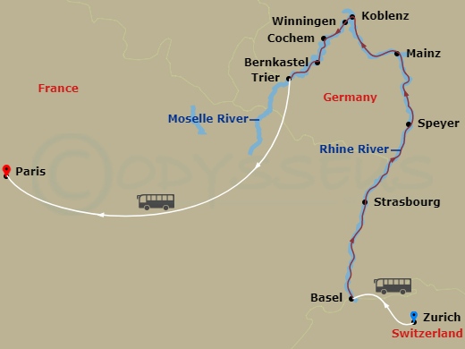 11 Night - Paris to the Swiss Alps - Viking Gersemi Tours - Starting in Zurich, Basel, Strasbourg, Speyer, Mainz, Middle Rhine Scenic Sailing, Koblenz, Winningen, Cochem, Bernkastel, Trier, Paris itinerary map