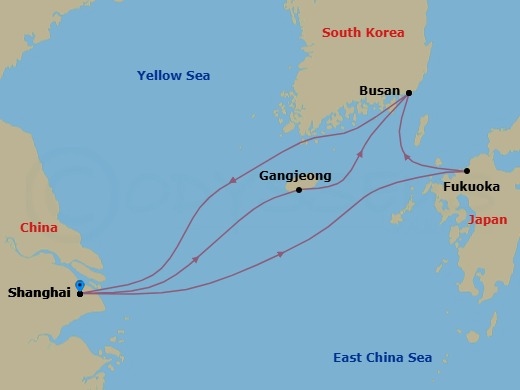 9 Night - Far East - MSC Bellissima - Starting in Shanghai, China, Gangjeong / Jeju Island, South Korea, Busan, South Korea, Shanghai, China, Fukuoka (Hakata), Japan, Busan, South Korea, Shanghai, China itinerary map