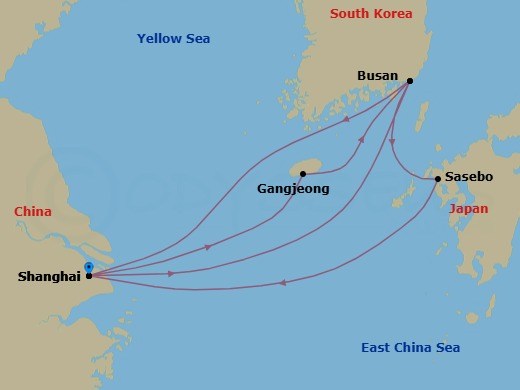 9 Night - Far East - MSC Bellissima - Starting in Shanghai, China, Busan, South Korea, Sasebo, Japan, Shanghai, China, Gangjeong / Jeju Island, South Korea, Busan, South Korea, Shanghai, China itinerary map