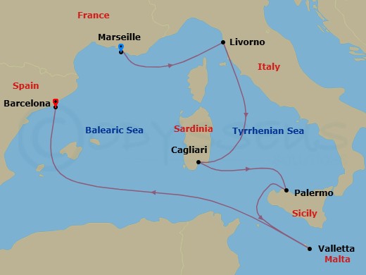 6 Night - Mediterranean - MSC Splendida - Starting in Marseille (Provence), France, Livorno (Florence), Italy, Cagliari (Sardinia), Italy, Palermo (Monreale), Italy, La Valletta, Malta, Barcelona, Spain itinerary map