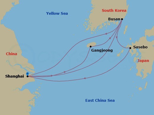 9 Night - Far East - MSC Bellissima - Starting in Shanghai, China, Gangjeong / Jeju Island, South Korea, Busan, South Korea, Shanghai, China, Busan, South Korea, Sasebo, Japan, Shanghai, China itinerary map