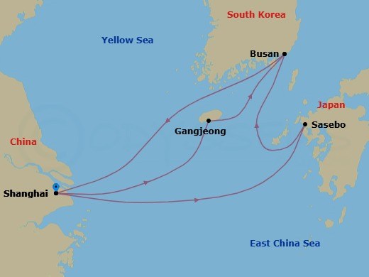 9 Night - Far East - MSC Bellissima - Starting in Shanghai, China, Sasebo, Japan, Busan, South Korea, Shanghai, China, Gangjeong / Jeju Island, South Korea, Busan, South Korea, Shanghai, China itinerary map
