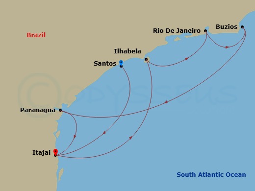 7 Night - South America - MSC Musica - Starting in Santos (Sao Paulo), Brazil, Itajai, Brazil, Ilhabela, Brazil, Rio De Janeiro, Brazil, Buzios, Brazil, Paranagua, Brazil, Itajai, Brazil itinerary map