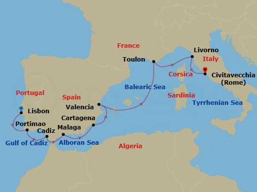 9 Night - Lisbon to Civitavecchia - Silver Spirit - Starting in Lisbon, Portimao, Cadiz, Malaga (Costa del Sol), Cartagena ES, Spain, Valencia, Toulon, Livorno (Tuscany), Civitavecchia (Rome) itinerary map