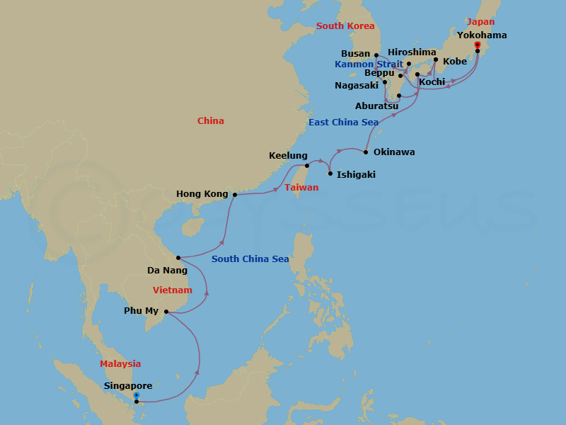 26 Night - Southeast Asia & Japan - Diamond Princess - Starting in Singapore, Ho Chi Minh City (Phu My), Vietnam, Da Nang / Hue (Chan May), Vietnam, Hong Kong, Taipei (Keelung), Ishigaki, Japan, Okinawa, Japan, Kochi, Japan, Kobe (for Kyoto), Japan, Tokyo (Yokohama), Japan, Beppu, Japan, Hiroshima, Japan, Kanmon Straits, Japan, Busan, South Korea, Nagasaki, Japan, Miyazaki (Aburatsu), Japan, Kochi, Japan, Kobe (for Kyoto), Japan, Tokyo (Yokohama), Japan itinerary map