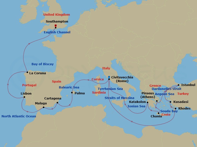 25 Night - Istanbul, Greek Islands and Mediterranean - Queen Victoria - Starting in Civitavecchia (tours to Rome), Italy, Messina Strait, Italy (Transit), Rhodes, Greece, Kusadasi (tours to Ephesus), Turkey, Dardanelles Strait, Turkey (Transit), Istanbul, Turkey, Dardanelles Strait, Turkey (Transit), Piraeus (tours to Athens), Greece, Souda Bay (for Chania), Crete, Greece, Katakolon (tours to Olympia), Greece, Messina Strait, Italy (Transit), Civitavecchia (tours to Rome), Italy, Palma De Mallorca, Spain, Cartagena ES, Malaga (tours to Granada), Spain, Lisbon, Portugal, La Coruna (tours to Santiago de Compostela), Spain, Southampton, England, UK itinerary map