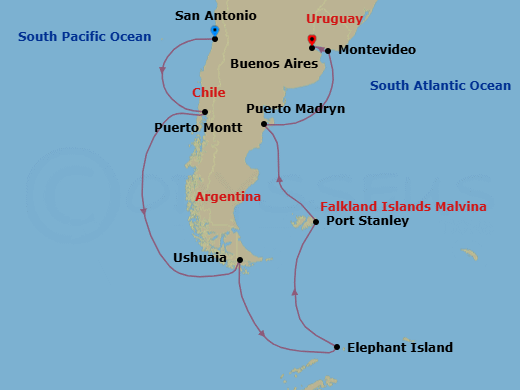 18 Night - Wine, Heritage & Coastal Charm Chile Cruisetour - Norwegian Star Tours - Starting in At Hotel, San Antonio CL, Chile, Puerto Montt, Chile, Ushuaia, Argentina, Cruising Paradise Island, Antarctica, Elephant Island / Cape Island, Antarctica, Stanley, Falkland Islands, Puerto Madryn, Argentina, Montevideo, Uruguay, Buenos Aires, Argentina itinerary map