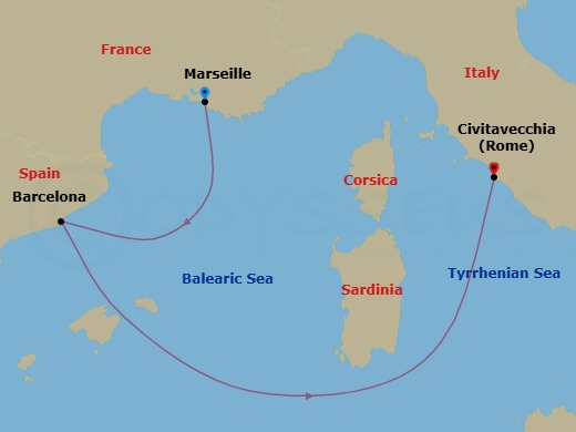 3 Night - Southern Europe from Marseille to Rome (Civitavecchia) - Costa Smeralda - Starting in Marseille, Barcelona, Civitavecchia (Rome) itinerary map