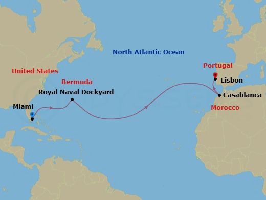 13 Night - Miami to Lisbon - Silver Nova - Starting in Miami, Fl, Royal Naval Dockyard, Bermuda, Casablanca, Lisbon itinerary map