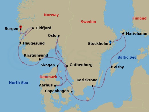 14 Night - Scenic Scandinavia & Baltic Jewels - Viking Vesta - Starting in Stockholm, Mariehamn, Gotland (Visby), Karlskrona, Copenhagen, Gothenburg, Oslo, Skagen, Aarhus, Kristiansand, Haugesund, Eidfjord, Bergen itinerary map