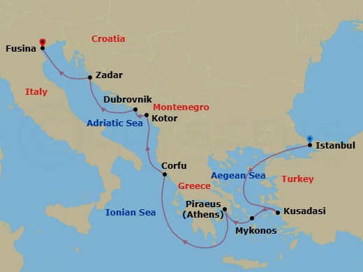 11 Night - Mediterranean Uncovered - Seven Seas Explorer - Starting in Istanbul, Cruising the Aegean Sea, Kusadasi, Mykonos, Athens (Piraeus), Cruising the Ionian Sea, Corfu, Kotor, Dubrovnik, Croatia, Zadar, Venice (Fusina) itinerary map