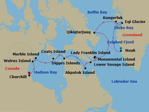 16 Night - Nuuk to Churchill - World Navigator - Starting in Nuuk, Greenland, Evighed Fjord, Greenland / Captains Choice, Crossing the Arctic Circle / Captains Choice, Disko Bay Scenic Navigation, Kangerluk (Disko Island) Captains Choice, Qikiqtarjuaq, Nunavut / Captains Choice, Baffin Bay Scenic Navigation, Lady Franklin Island, Nunavut / Captains Choice, Monumental Island, Nunavut / Captains Choice, Lower Savage Islands, Canada / Captains Choice, Akpatok Island, Nunavik, Canada / Captains Choice, Kimmirut, Nunavut, Canada / Captains Choice, The Hudson Strait, Digges Islands, Canada / Captains Choice, Coats Island (Hudson Bay), Canada / Captains Choice, Marble Island (Hudson Bay), Canada / Captains Choice, Walrus Island (Hudson Bay) Captains Choice, Hudson Bay Scenic Navigation, Churchill, Canada itinerary map