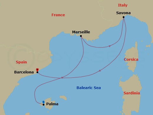 3 Night - Southern Europe from Palma De Mallorca to Barcelona - Costa Diadema - Starting in Palma De Mallorca, Spain, Marseilles, France, Savona, Italy, Barcelona, Spain itinerary map