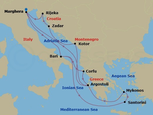 14 Night - Europe Roundtrip from Marghera - Costa Deliziosa - Starting in Marghera (Venice), Bari, Corfu, Argostoli (Cephalonia), Kotor, Zadar, Rijeka, Marghera (Venice), Bari, Thira (Santorini), Mykonos, Argostoli (Cephalonia), Marghera (Venice) itinerary map