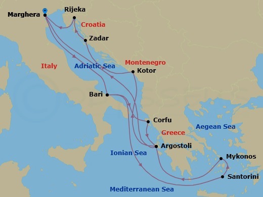 14 Night - Europe Roundtrip from Marghera - Costa Deliziosa - Starting in Marghera (Venice), Bari, Thira (Santorini), Mykonos, Argostoli (Cephalonia), Marghera (Venice), Bari, Corfu, Argostoli (Cephalonia), Kotor, Zadar, Rijeka, Marghera (Venice) itinerary map