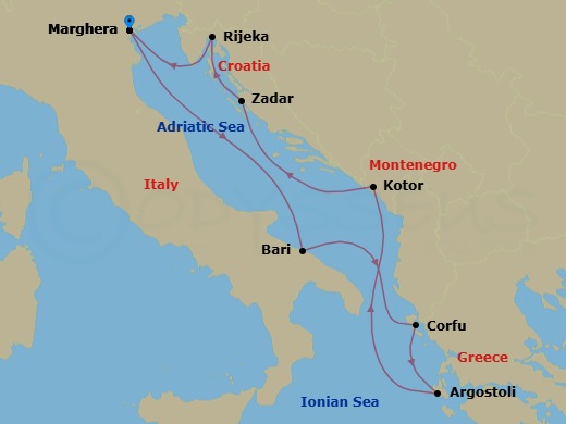 7 Night - Europe Roundtrip from Marghera - Costa Deliziosa - Starting in Marghera (Venice), Bari, Corfu, Argostoli (Cephalonia), Kotor, Zadar, Rijeka, Marghera (Venice) itinerary map
