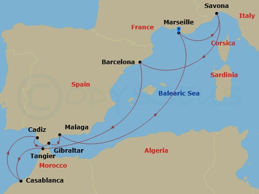 10 Night - Western Mediterranean Roundtrip from Marseille - Costa Diadema - Starting in Marseilles, France, Savona, Italy, Barcelona, Spain, Tangier, Morocco, Casablanca, Morocco, Cadiz, Spain, Gibraltar (UK), Malaga, Spain, Marseilles, France itinerary map