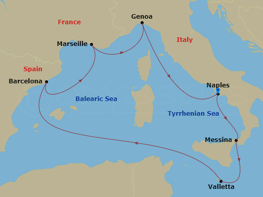 7 Night - Mediterranean - MSC Magnifica - Starting in Naples (Pompeii), Italy, Messina (Taormina), Italy, La Valletta, Malta, Barcelona, Spain, Marseille (Provence), France, Genoa (Portofino), Italy, Naples (Pompeii), Italy itinerary map