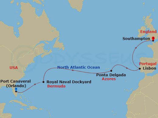 13 Night - Bermuda & Portugal Transatlantic - Celebrity Apex - Starting in Orlando (Port Canaveral), Fl, Royal Naval Dockyard, Bermuda, Ponta Delgada, Azores, Lisbon, Portugal, Southampton, England itinerary map