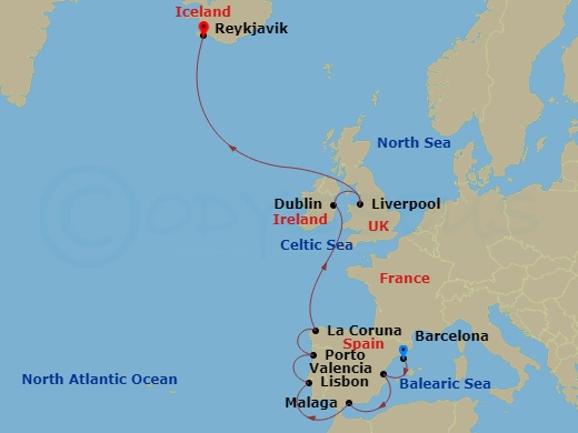 14 Night - Iceland, British Isles & Iberia - Viking Sea - Starting in Barcelona, Valencia, Sail the Alboran Sea, Granada (Malaga), Sail the Strait of Gibraltar, Lisbon, Porto (Leixoes), A Coruna, Sail the Atlantic Ocean, Dublin (Dun Laoghaire), Liverpool, Sail the Irish Sea, Sail the Atlantic Ocean, Reykjavik itinerary map