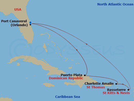7 Night - St. Thomas & St. Kitts Cruise - Celebrity Apex - Starting in Orlando (Port Canaveral), Fl, Puerto Plata, Dominican Republic, Charlotte Amalie, St Thomas, Basseterre, St Kitts and Nevis, Orlando (Port Canaveral), Fl itinerary map