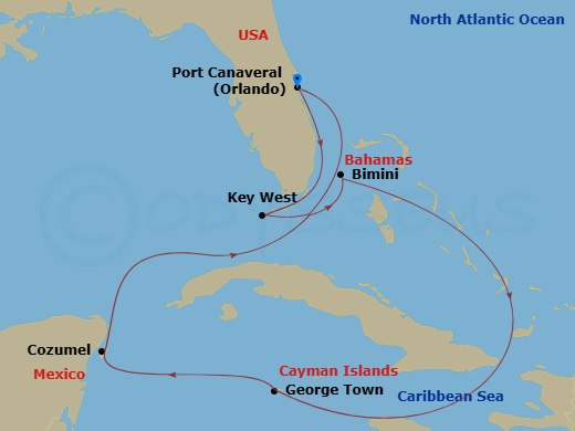 7 Night - Key West, Mexico & Cayman - Celebrity Apex - Starting in Orlando (Port Canaveral), Fl, Key West, Florida, Bimini, Bahamas, George Town, Grand Cayman, Cozumel, Mexico, Orlando (Port Canaveral), Fl itinerary map