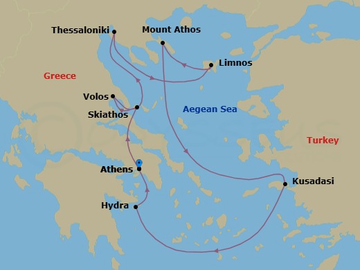 7 Night - The Greek Islands with Nemanja Radulovic and Friends - Le Dumont-d'Urville - Starting in Athens, Skiathos, Volos, Thessaloniki, Limnos Island, Sailing along Mount Athos, Kusadasi, Hydra, Athens itinerary map