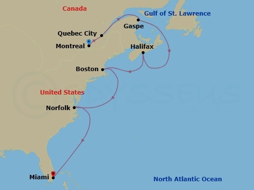 13 Night - Atlantic Coast : Lighthouses & New England Charms - Seabourn Ovation - Starting in Montreal, Quebec, Canada, Quebec City, Quebec, Canada, Gaspe, Quebec, Canada, Halifax, Nova Scotia, Canada, Boston, Massachusetts, Norfolk, Virginia, Miami, Florida itinerary map