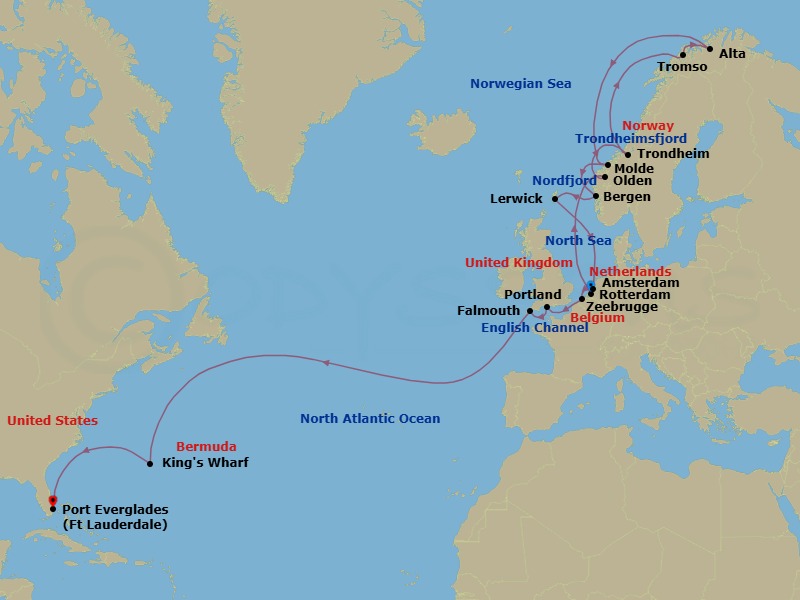 27 Night - Northern Lights Cultural Crossing Collectors' Voyage - Rotterdam - Starting in Rotterdam, the Netherlands, Olden, Norway, Scenic Cruising Nordfjord, Scenic Cruising Trondheimsfjord, Trondheim, Norway, Crossing the Arctic Circle, Tromso, Norway, Alta, Norway, Crossing the Arctic Circle, Molde, Norway, Bergen, Norway, Lerwick, Shetland Islands, United Kingdom, Amsterdam, the Netherlands, Zeebrugge (Brussels), Belgium, Portland UK (Weymouth), England, United Kingdom, Falmouth, England, United Kingdom, Kings Wharf, Bermuda, Fort Lauderdale, Florida itinerary map