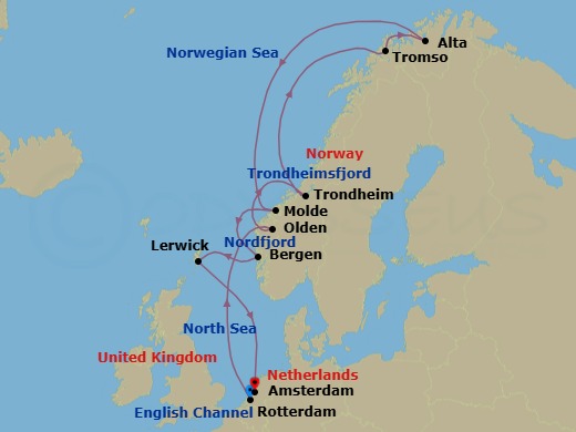 14 Night - Arctic Journey & Northern Lights - Rotterdam - Starting in Rotterdam, the Netherlands, Olden, Norway, Scenic Cruising Nordfjord, Scenic Cruising Trondheimsfjord, Trondheim, Norway, Crossing the Arctic Circle, Tromso, Norway, Alta, Norway, Crossing the Arctic Circle, Molde, Norway, Bergen, Norway, Lerwick, Shetland Islands, United Kingdom, Amsterdam, the Netherlands itinerary map