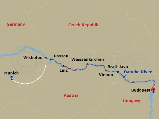9 Night - Romantic Danube with Munich Pre-Cruise - AmaLea Tours - Starting in Munich, Villany, Passau, Linz, Weissenkirchen, Vienna, Bratislava, Budapest itinerary map