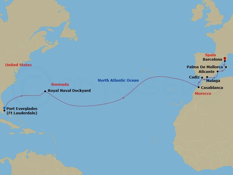 15 Night - Spain & Morocco Transatlantic - Celebrity Xcel - Starting in Fort Lauderdale, Florida, Royal Naval Dockyard, Bermuda, Casablanca, Morocco, Seville (Cadiz), Spain, Malaga, Spain, Alicante, Spain, Palma De Mallorca, Spain, Barcelona, Spain itinerary map