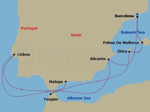 10 Night - A Journey of Mediterranean Spirit & Cultural Exploration - EXPLORA I - Starting in Barcelona, Alicante, Lisbon, Malaga, Spain, Tangier, Ibiza, Palma De Mallorca, Barcelona itinerary map