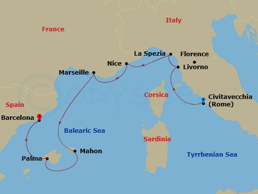 10 Night - Italy & Spain Cruise : Florence, Marseille & Barcelona - Azamara Onward - Starting in Rome (Civitavecchia), Florence / Pisa (Livorno), La Spezia, Nice, Provence (Marseille), Mahon, Menorca, Palma, Majorca, Barcelona itinerary map