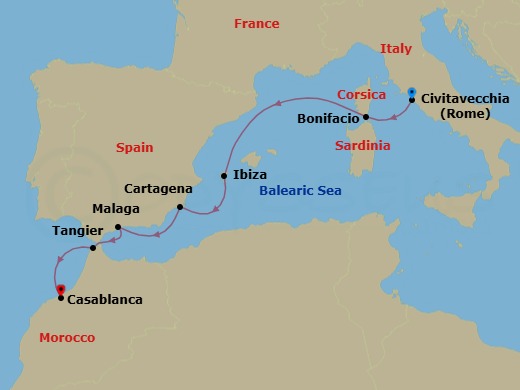 7 Night - Rome to Casablanca - World Traveller - Starting in Civitavecchia (Rome), Bonifacio (Corsica), Ibiza, Cartagena ES, Malaga (Granada), Spain, Tangier, Morocco, Casablanca itinerary map
