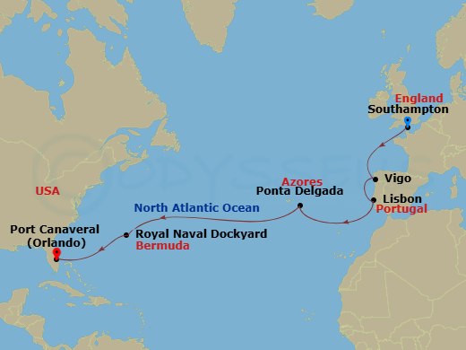 13 Night - Portugal & Bermuda Transatlantic - Celebrity Apex - Starting in Southampton, England, Vigo, Spain, Lisbon, Portugal, Ponta Delgada, Azores, Royal Naval Dockyard, Bermuda, Orlando (Port Canaveral), Fl itinerary map