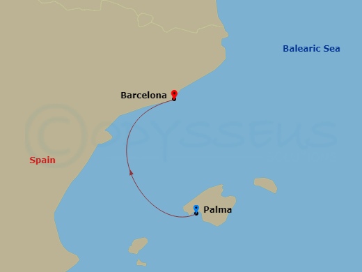 1 Night - Mediterranean - MSC Grandiosa - Starting in Palma De Mallorca (Balearic Islands), Spain, Barcelona, Spain itinerary map