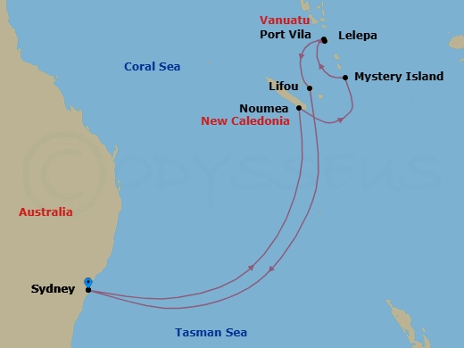 10 Night - Beach Club Lelepa & South Pac - Celebrity Edge - Starting in Sydney AU, Noumea, New Caledonia, Mystery Island, Vanuatu, Royal Beach Club Lelepa, Vila, Vanuatu, Lifou, Loyalty Island, Sydney AU itinerary map